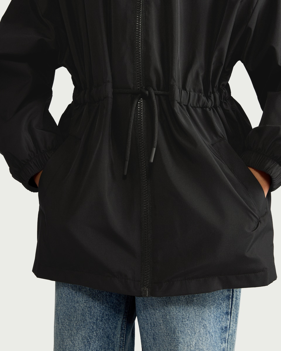 image 1 of F&F Girls Cinched Waist Hooded Raincoat in Black