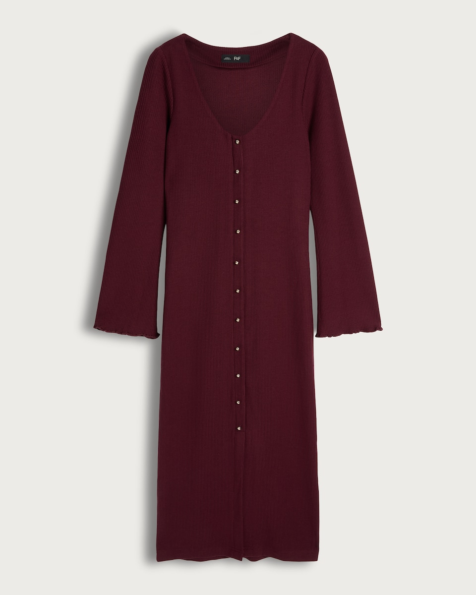 image 1 of F&F Ribbed Button Front Midi Dress in Burgundy