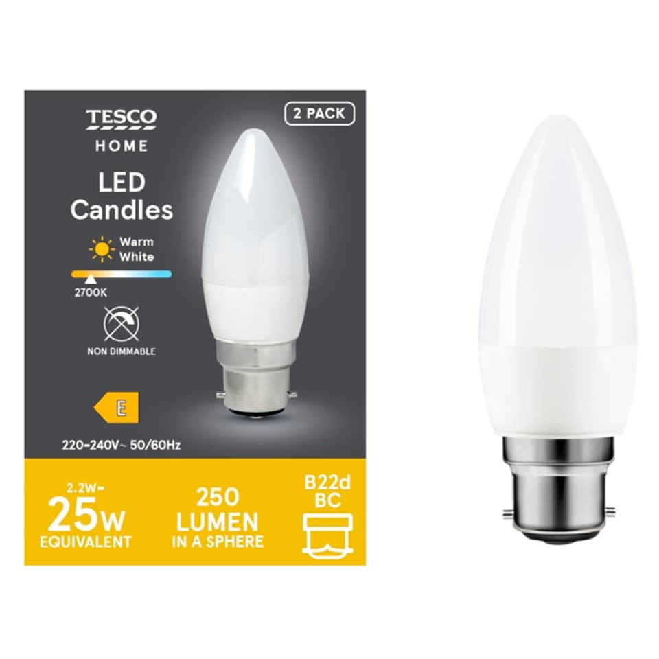 Tesco LED Candle 25W BC Warm White 2 Pack
