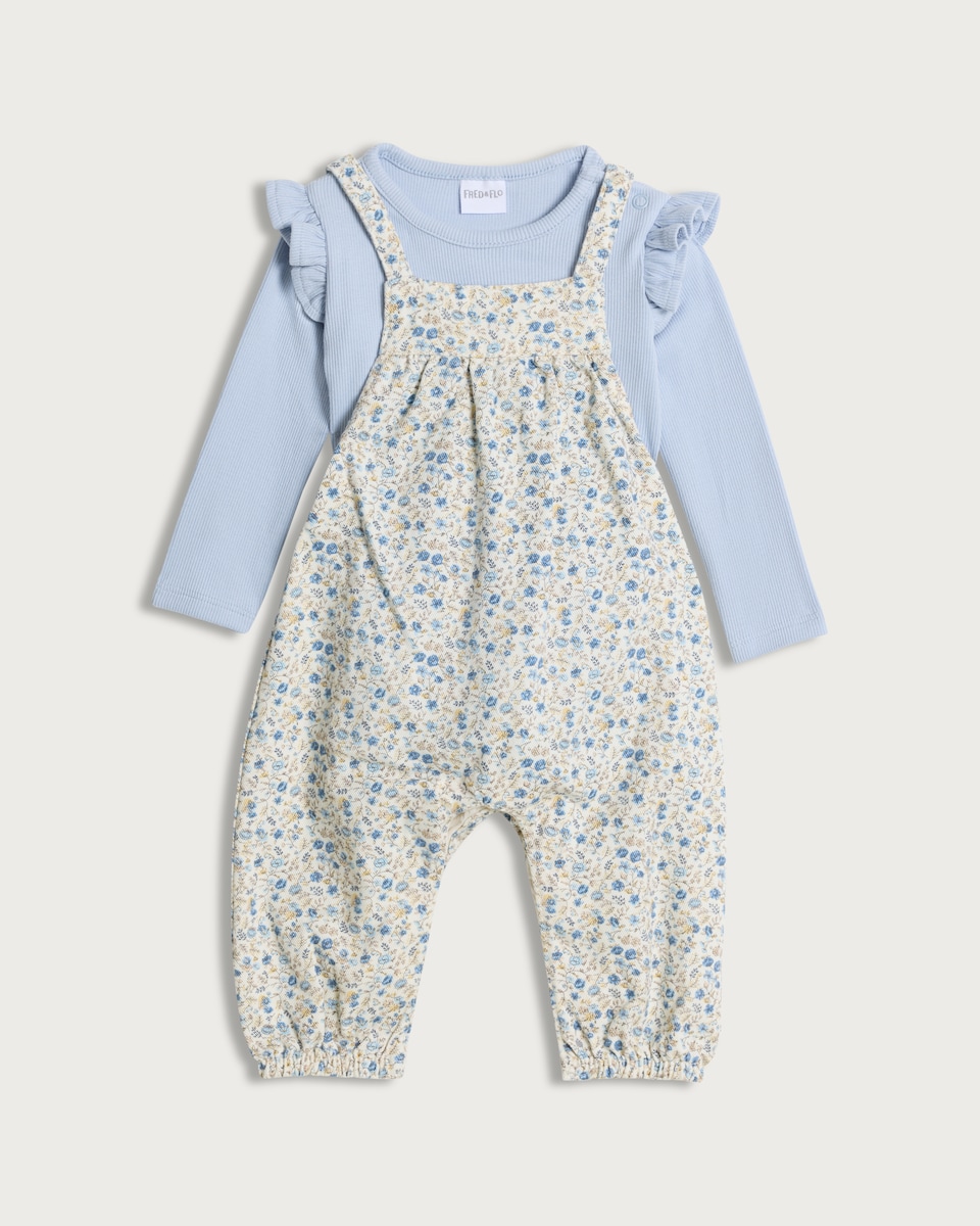 image 1 of F&F Baby 2-Piece Cotton Rich Floral Dungarees and Top in Blue