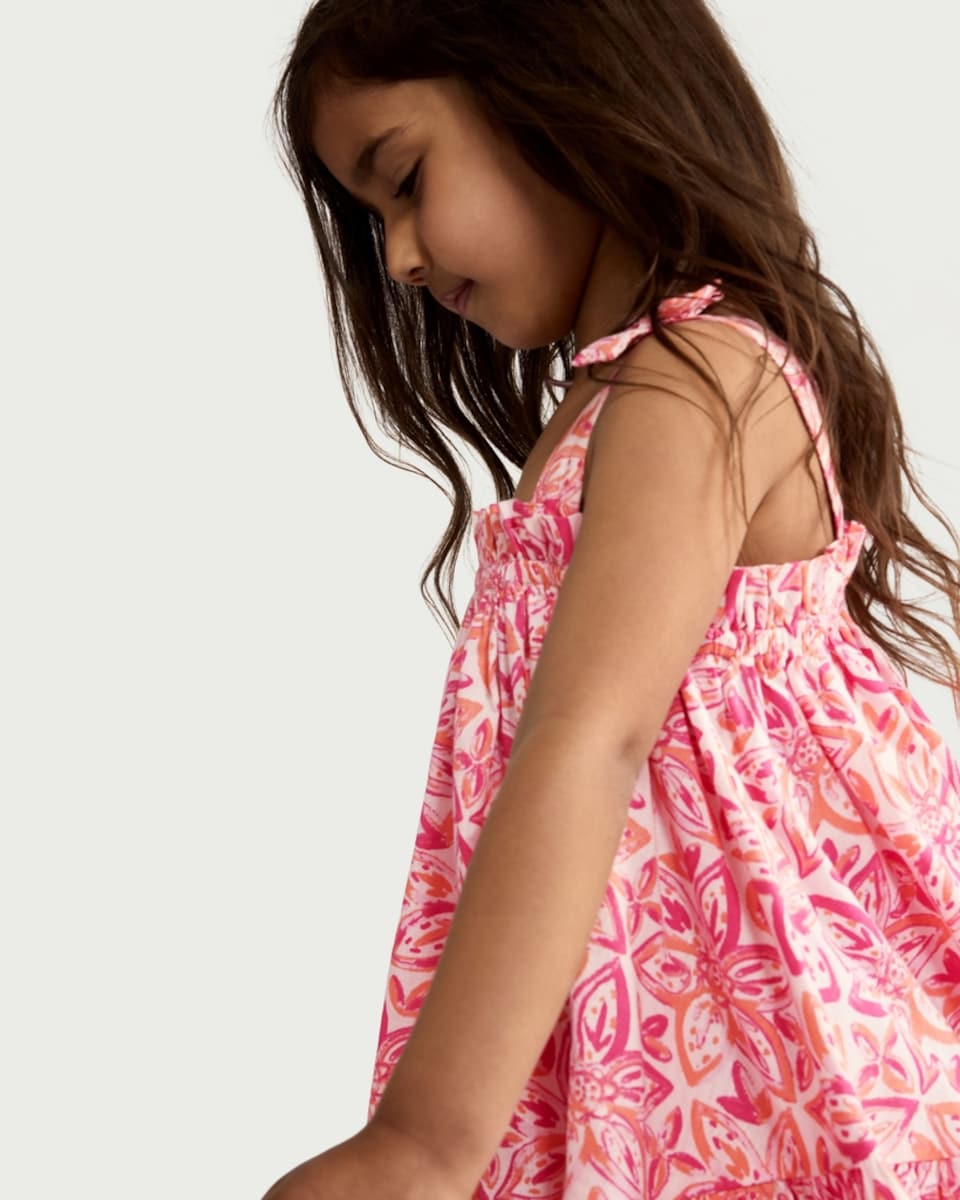 image 1 of F&F Girls Pure Cotton Floral Bow Strap Dress in Pink