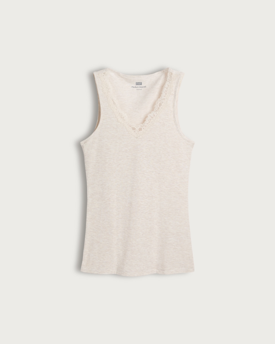 F&F Soft Touch Ribbed Lace Trim Thermal Cami Top in Neutral