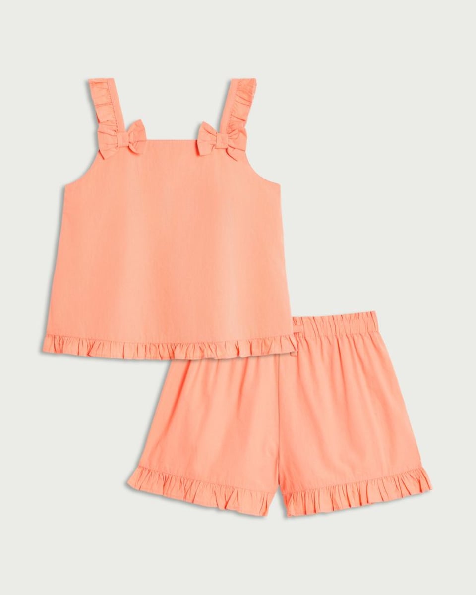 image 1 of F&F Girls 2-Piece Pure Cotton Frill Top and Short Set in Coral
