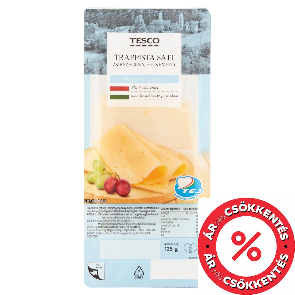 Tesco Sliced Low-Fat, Semi-Hard Trappist Cheese 125 g