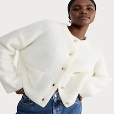 F&F Boucle Textured Button Front Cardigan with Wool in Cream