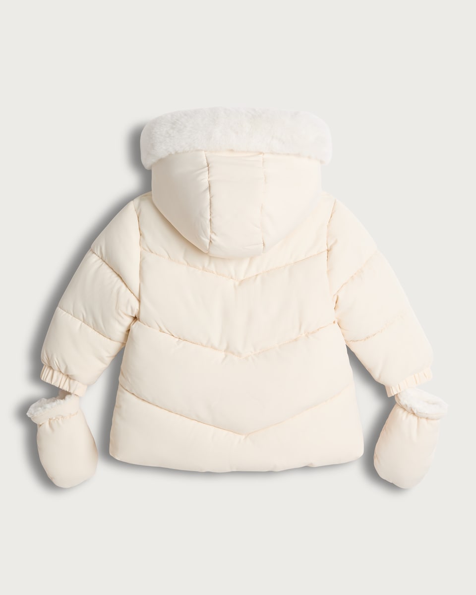 image 1 of F&F Baby Faux Fur Hooded Padded Jacket in Cream
