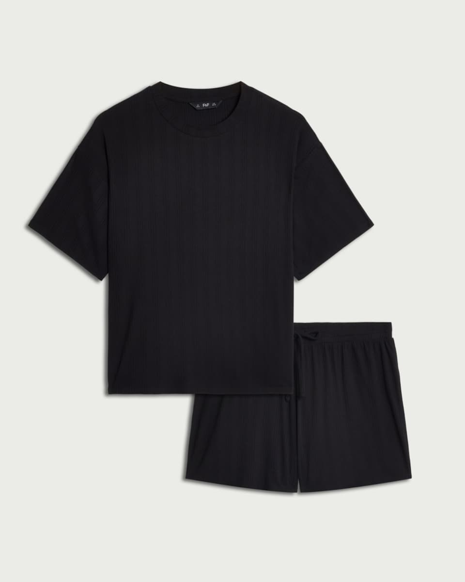 image 1 of F&F Ribbed Short Pyjama Set in Black