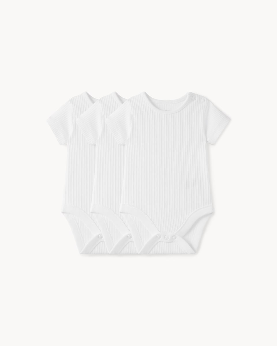 image 1 of F&F Baby 3-Pack Pure Cotton Ribbed Short Sleeved Bodysuits in White
