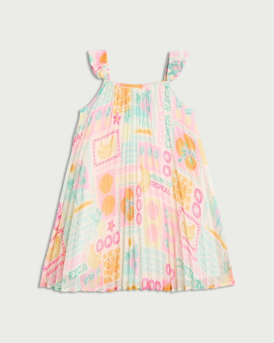 image 1 of F&F Girls Tropical Print Pleated Dress in Multi