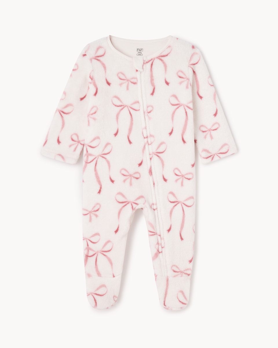 image 1 of F&F Baby Fleece Bow Sleepsuit in White