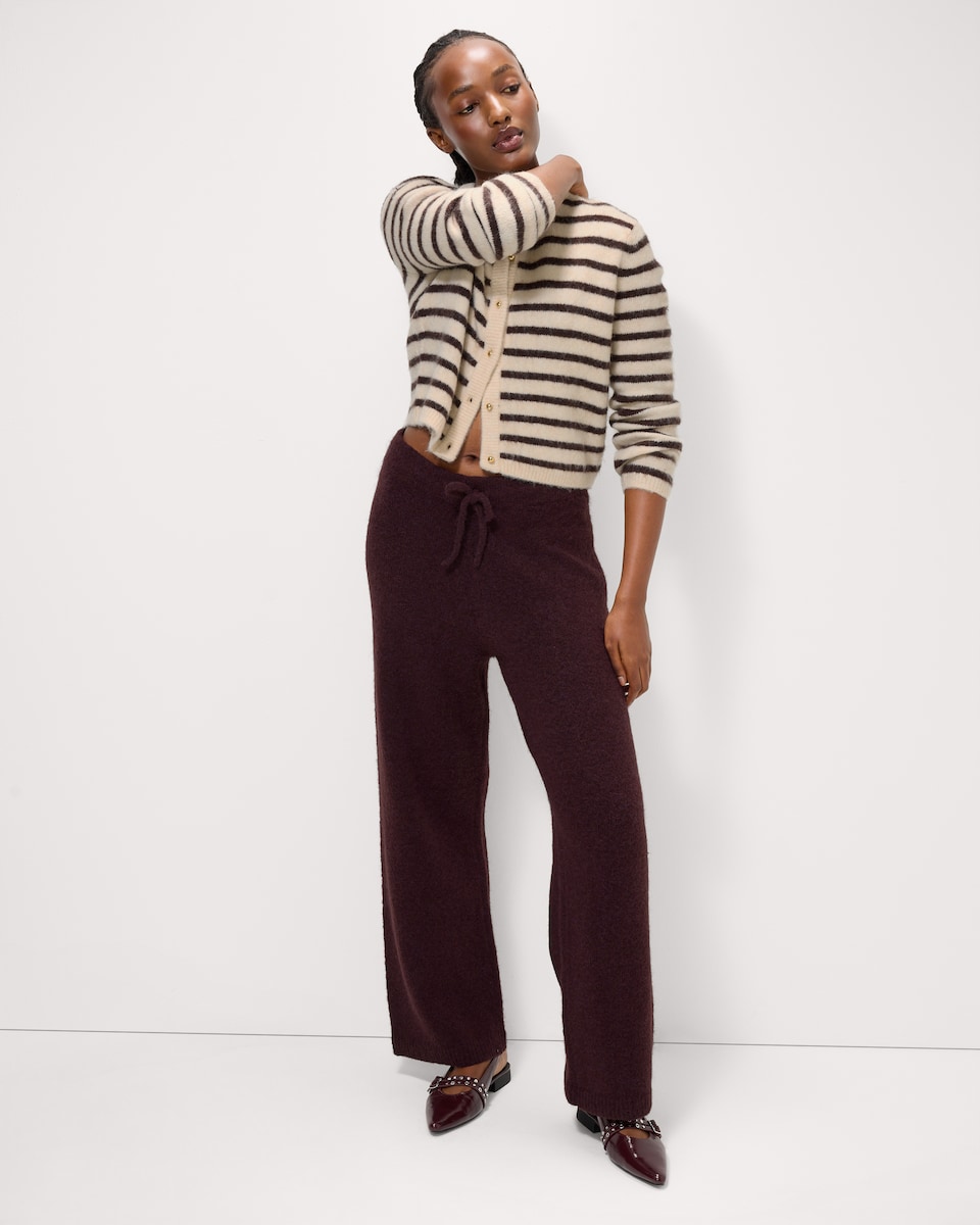 image 1 of F&F Knitted Wide Leg Co-ord Trousers with Wool in Burgundy