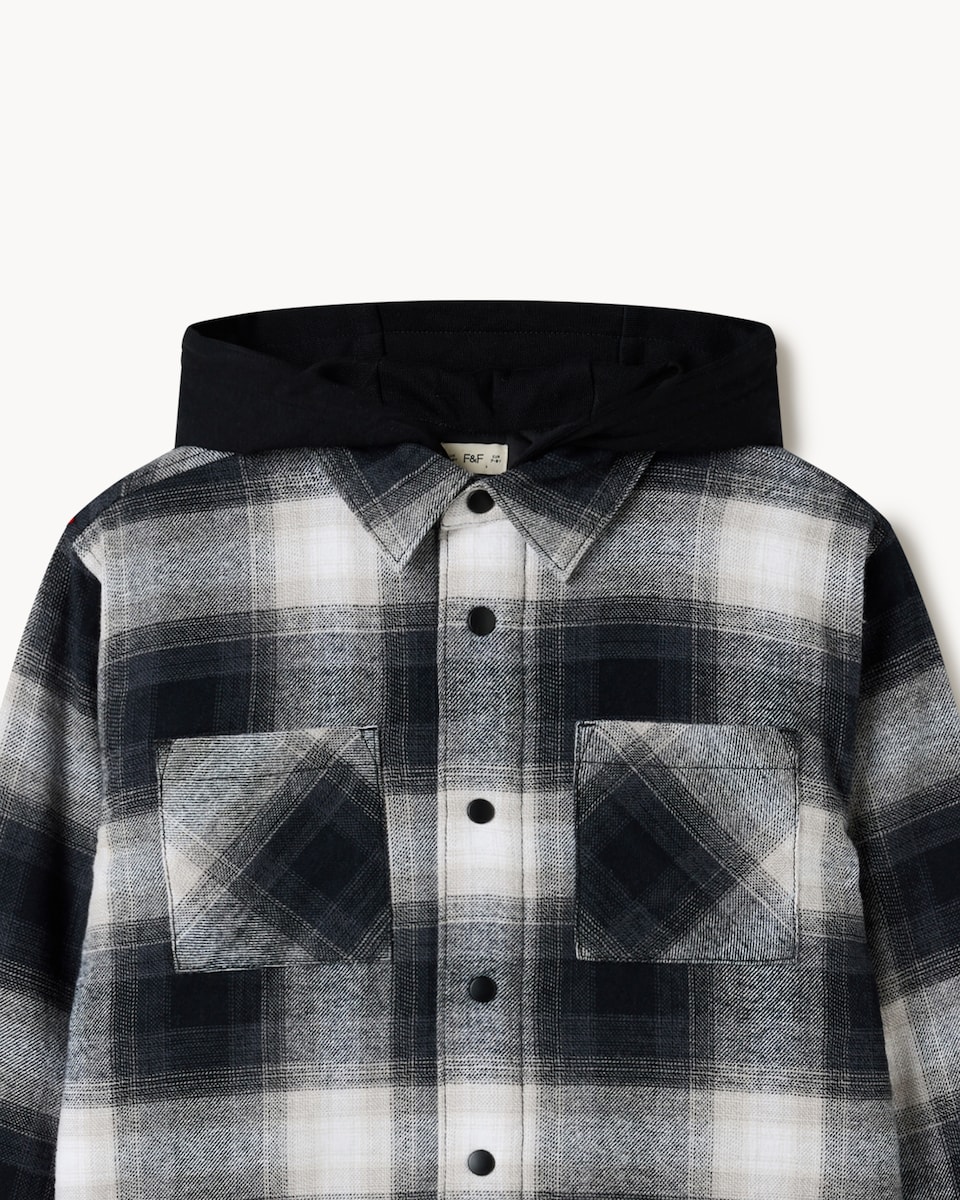 image 1 of F&F Boys Check Hooded Shirt in Black