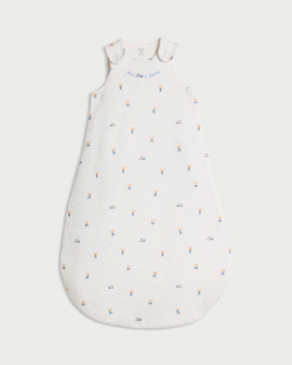 image 1 of F&F Baby Pure Cotton Bear Print 2.5 Tog Sleeping Bag in White
