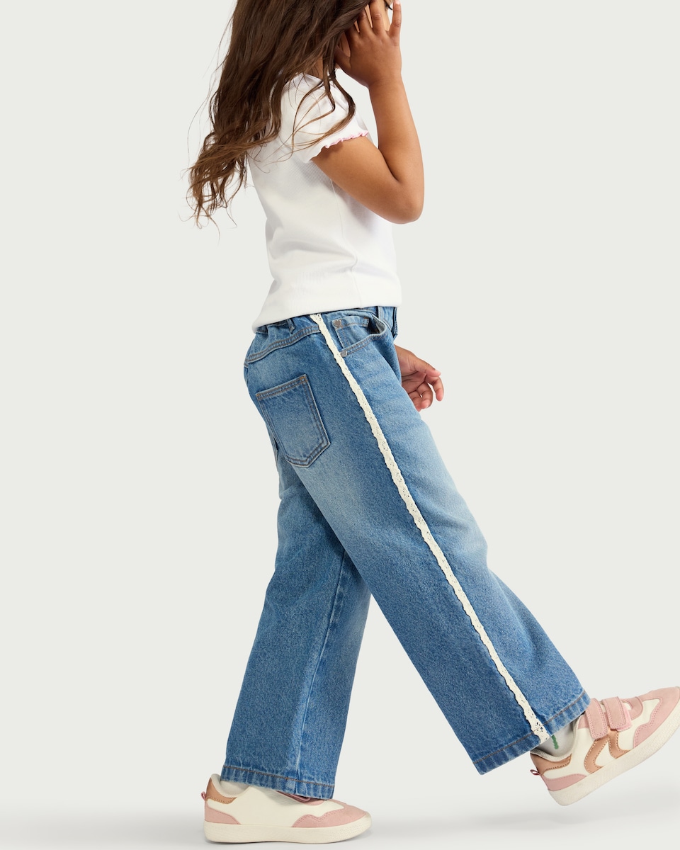 image 1 of F&F Girls Pure Cotton Lace Trim Jeans in Blue