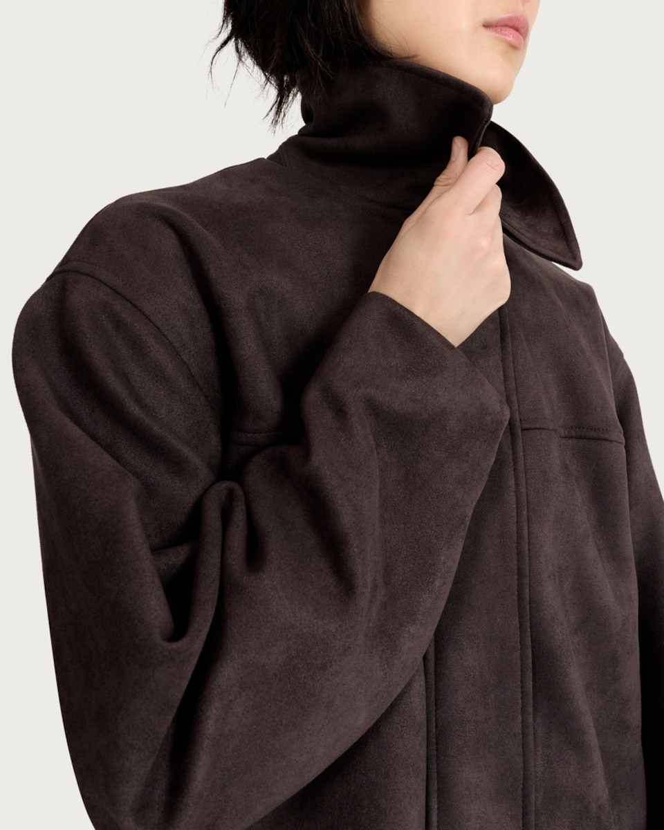 image 1 of F&F Faux Suede Bubble Hem Zip Up Jacket in Brown