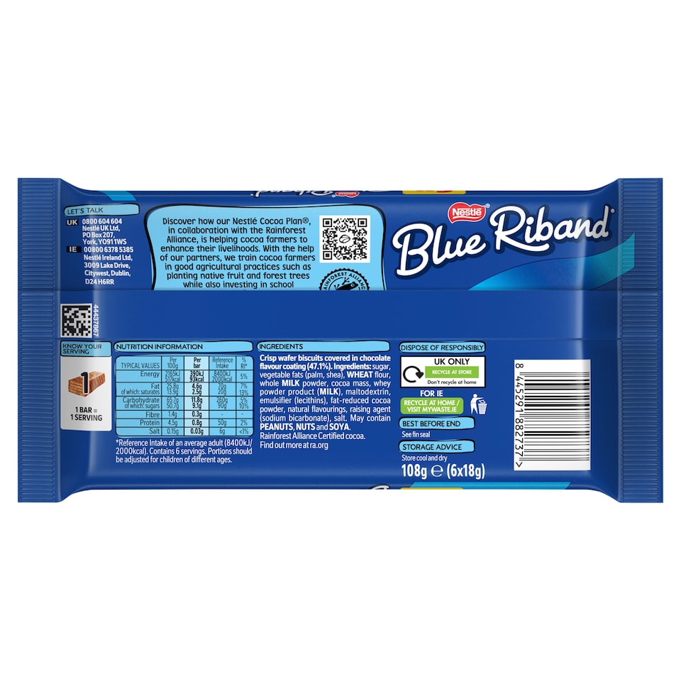 image 1 of Blue Riband Wafer Biscuit Bar 6 Pack Multipack 108g