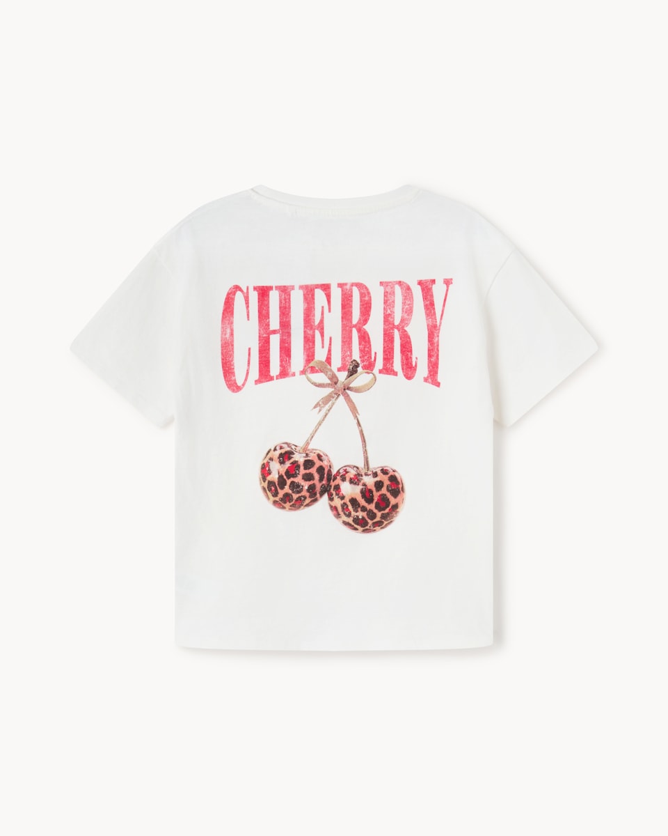 image 1 of F&F Girls Pure Cotton Cherry Oversized Fit T-Shirt in Cream