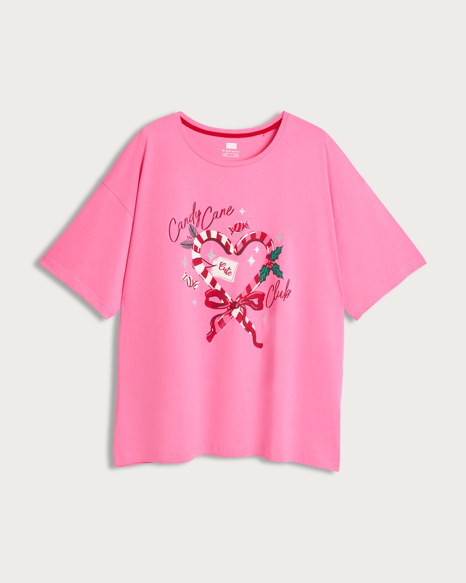 image 1 of F&F Pure Cotton Candy Cane Club Pyjama Top in Pink