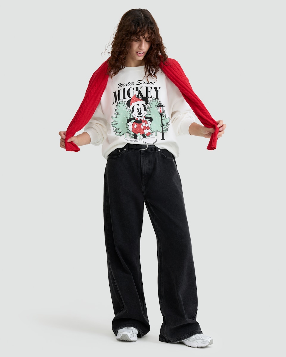 image 1 of Disney Mickey Mouse Winter Season Slogan Cotton Rich Sweatshirt in Cream