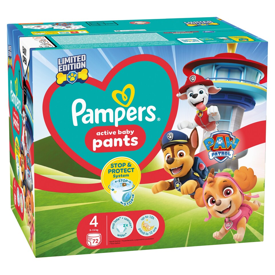 Obrázek 1 pro produkt Pampers Active Baby Pants Plenkové Kalhotky Edice Tlapková Patrola, Velikost 4, 72 Plenky,