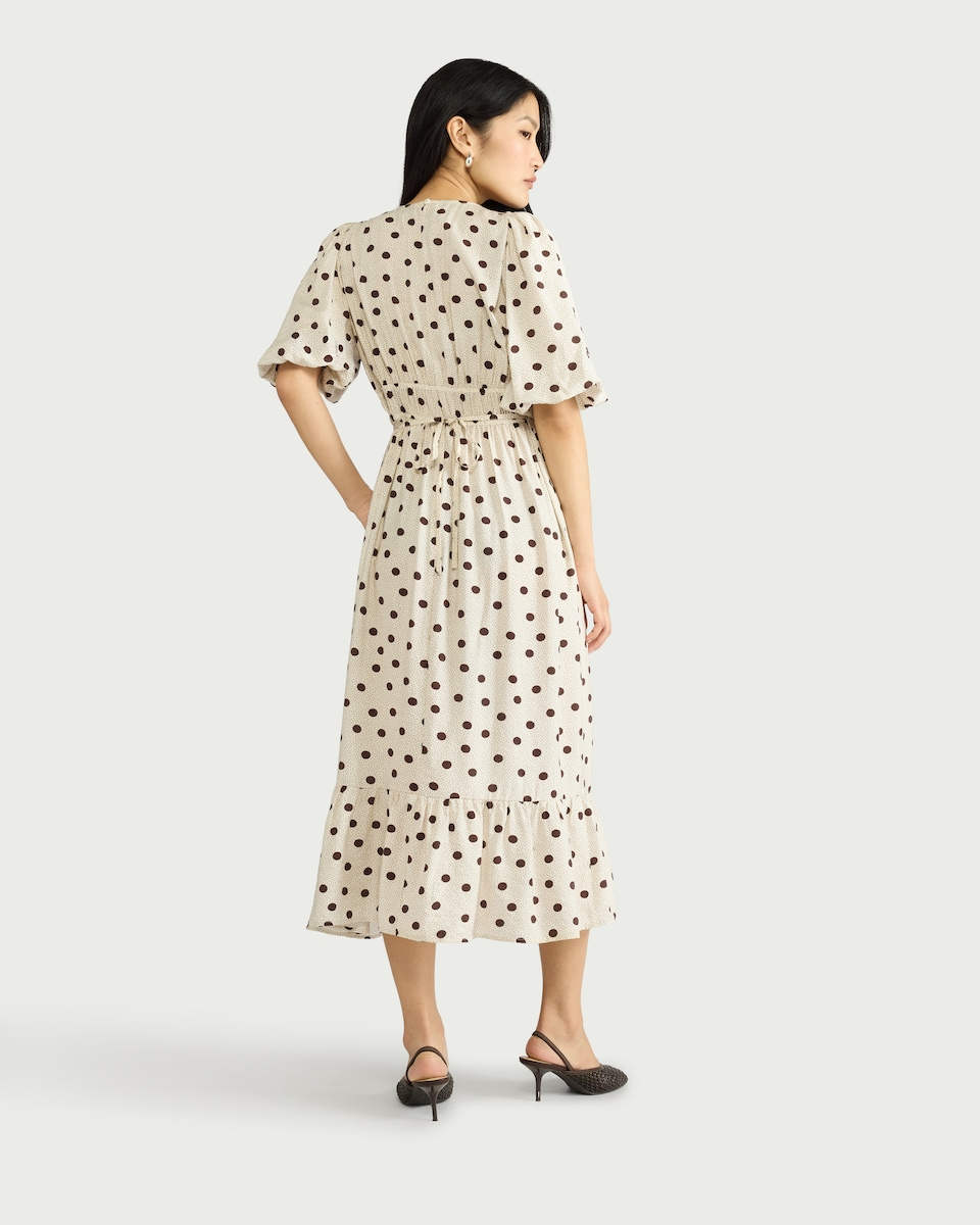 image 1 of F&F Shirred Polka Dot Midi Dress in Cream