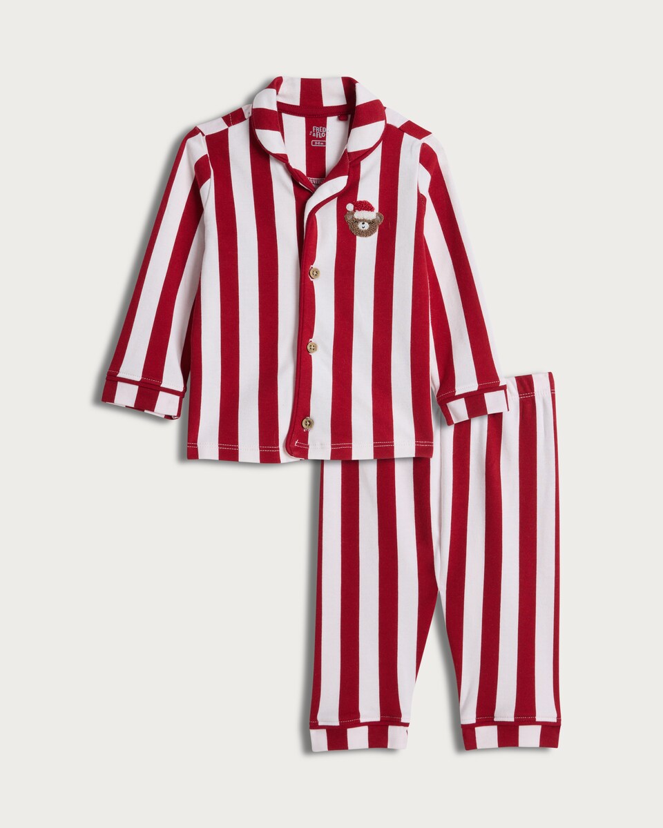 image 1 of F&F Baby Pure Cotton Stripe Print Shirt and Trousers Pyjamas in Red