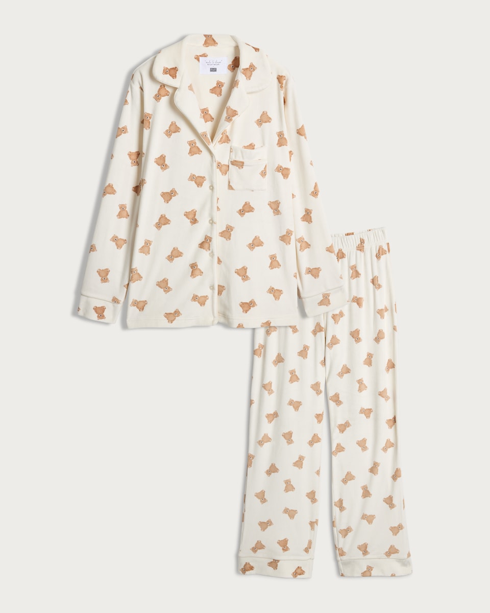 image 1 of F&F Fleece Teddy Bear Print Revere Pyjama Set in Cream