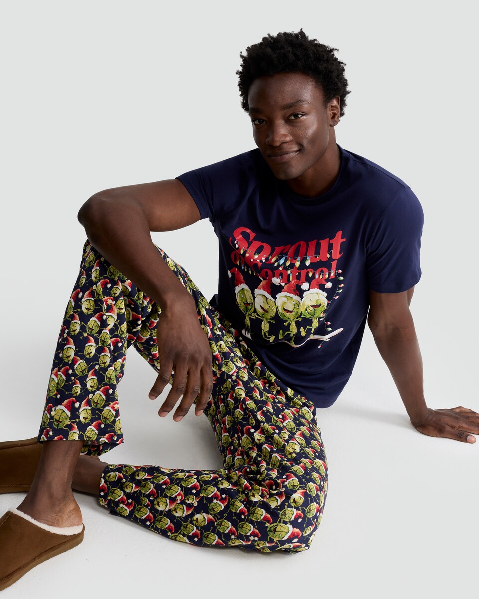 image 1 of F&F Pure Cotton Sprout of Control T-Shirt and Trousers Pyjamas in Green