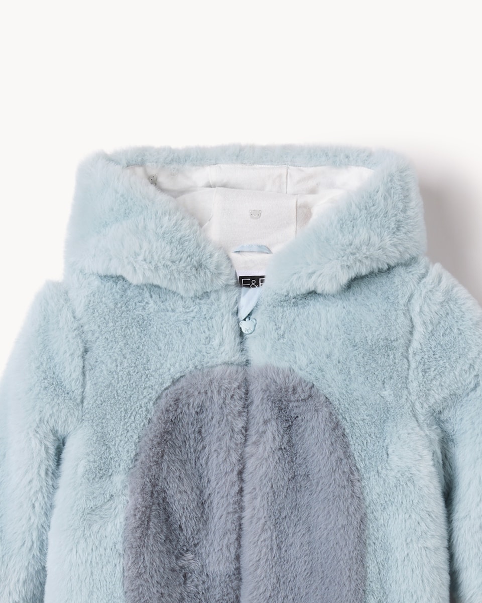 image 1 of F&F Baby Faux Fur Bear Cub Pramsuit in Blue