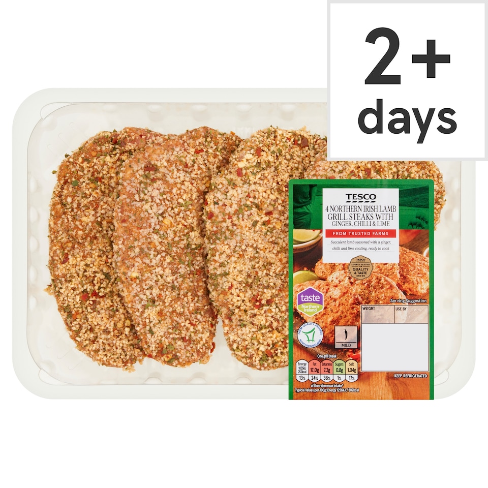 TESCO 4 NORTHERN IRISH LAMB GRILL STEAKS WITH GINGER, CHILLI & LIME 440G