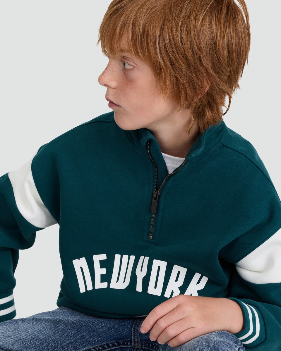 image 1 of F&F Boys Cotton Rich New York Quarter Zip Sweatshirt in Green