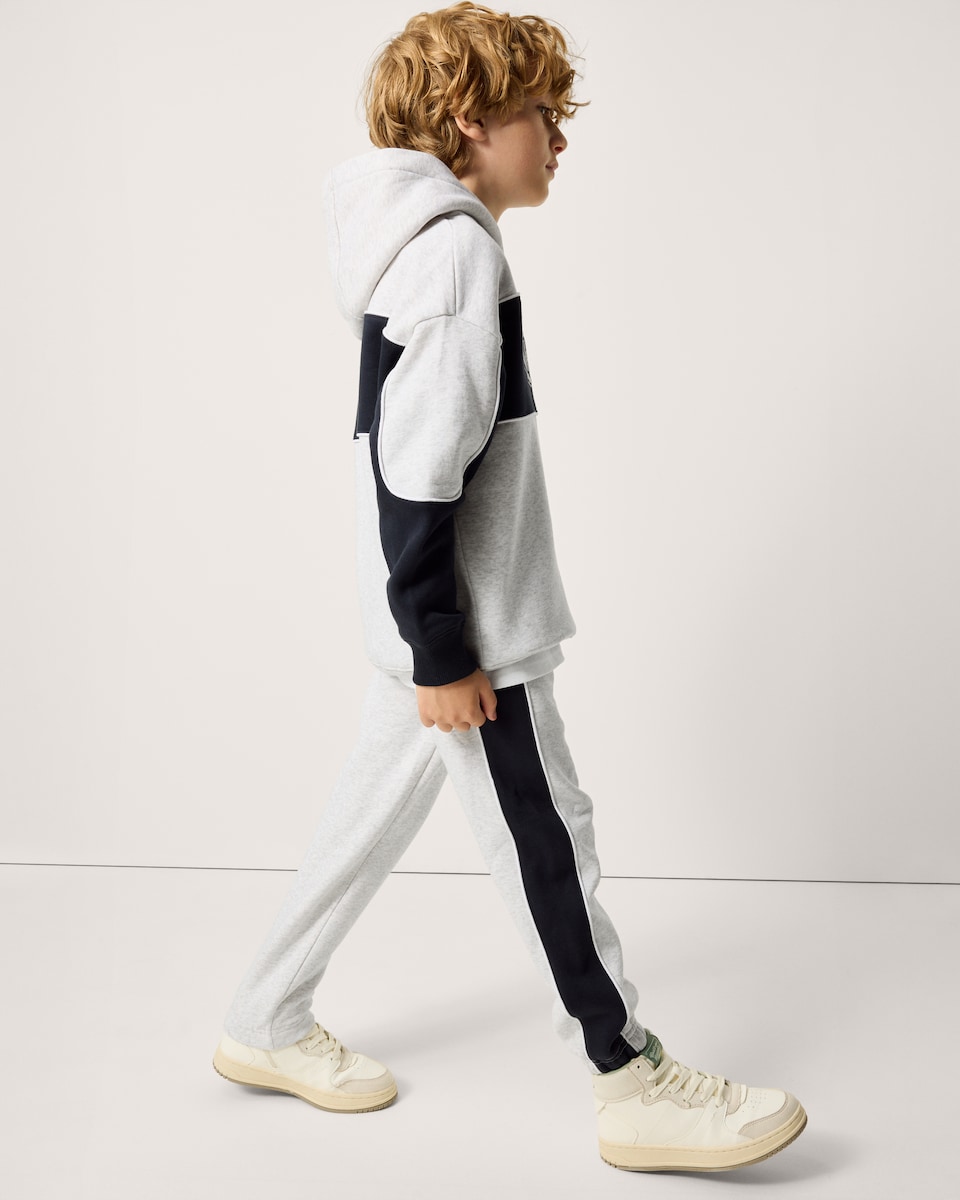 image 1 of F&F Boys Cotton Rich Colour Block Slogan Hoodie in Grey Marl