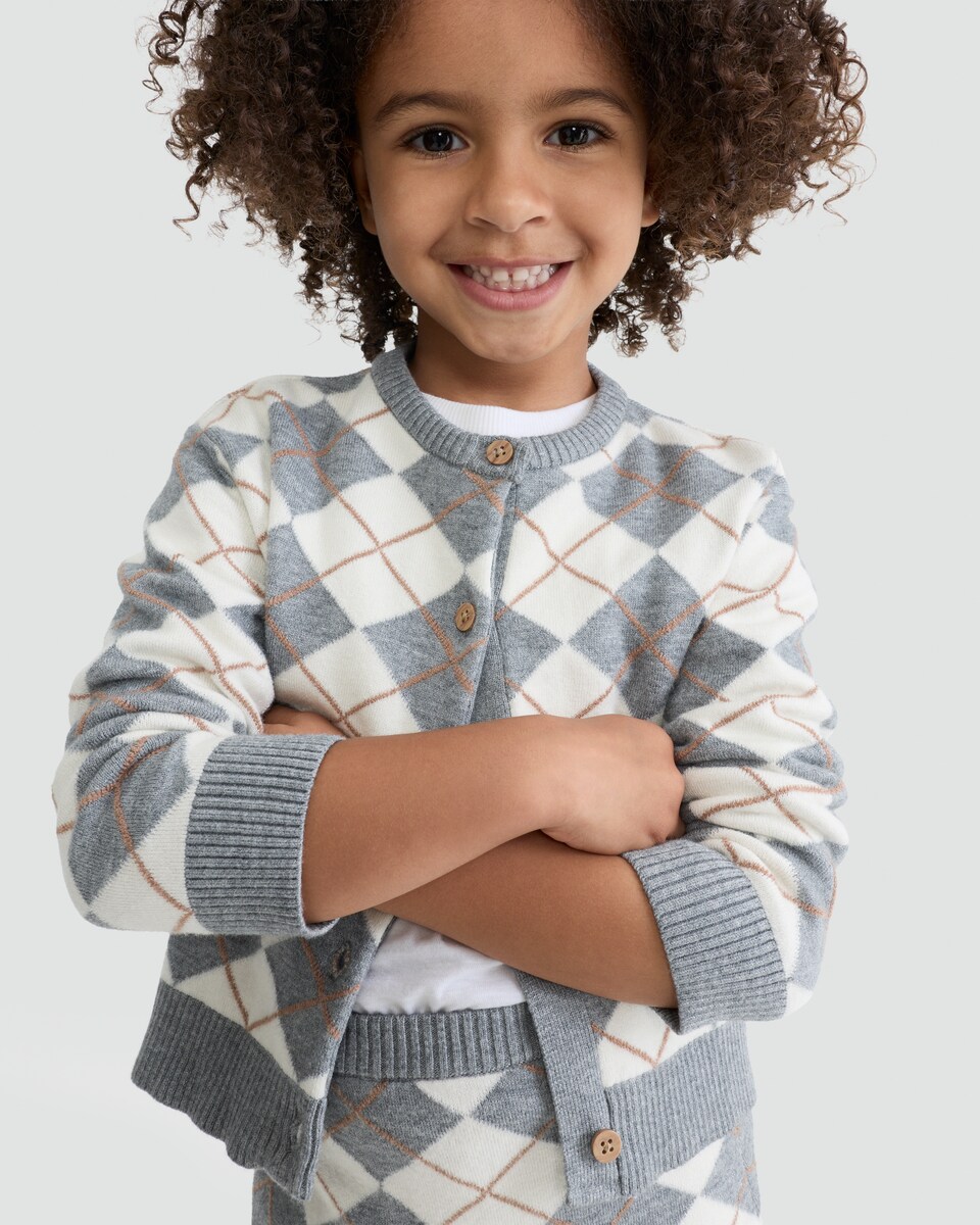 image 1 of F&F x Samantha Faiers 2-Piece Argyle Cardigan and Skirt Set in Grey