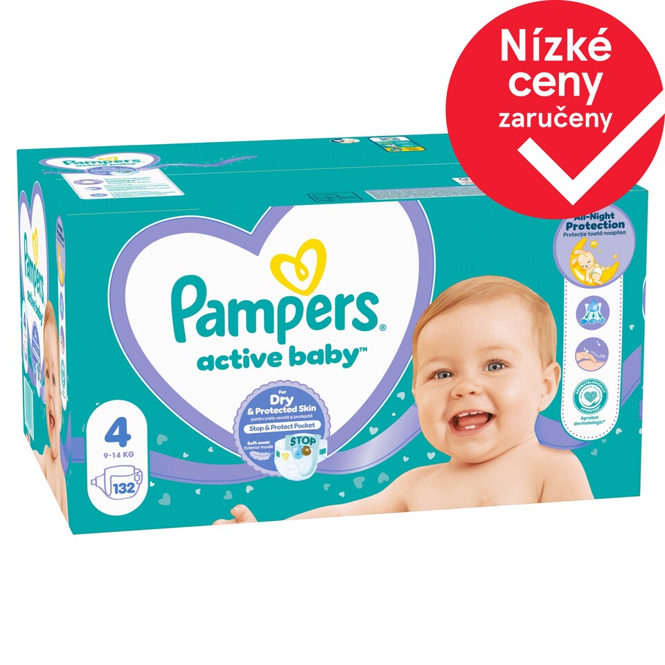 Obrázek 1 pro produkt Pampers Active Baby, Velikost 4, 132 Plenky, 9kg-14kg