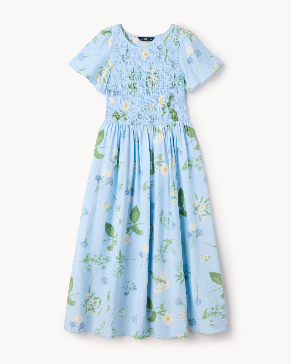 image 1 of F&F Floral Short Sleeved Midi Dress in Blue