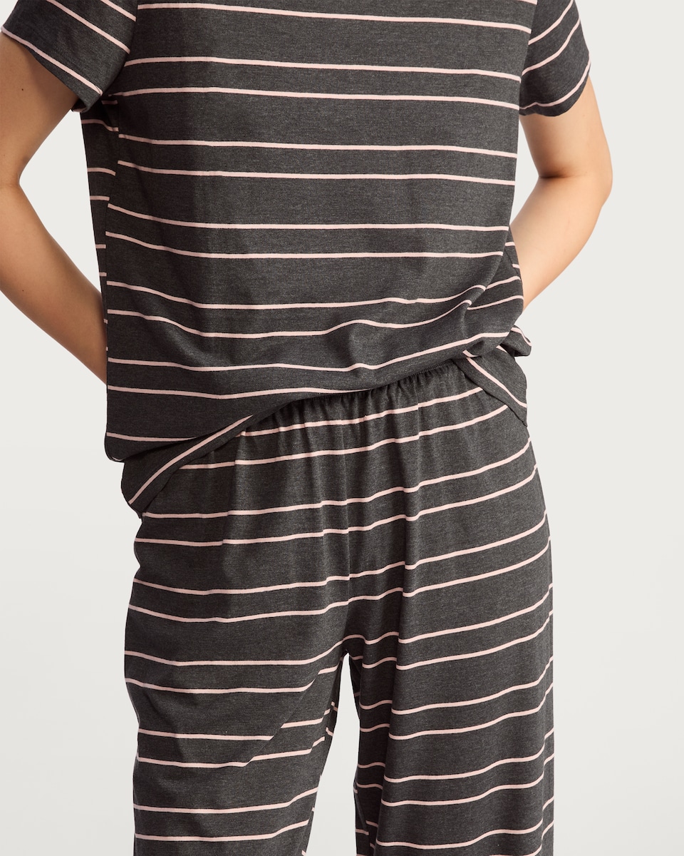 image 1 of F&F Cotton Rich Stripe Print Pyjamas in Grey Marl