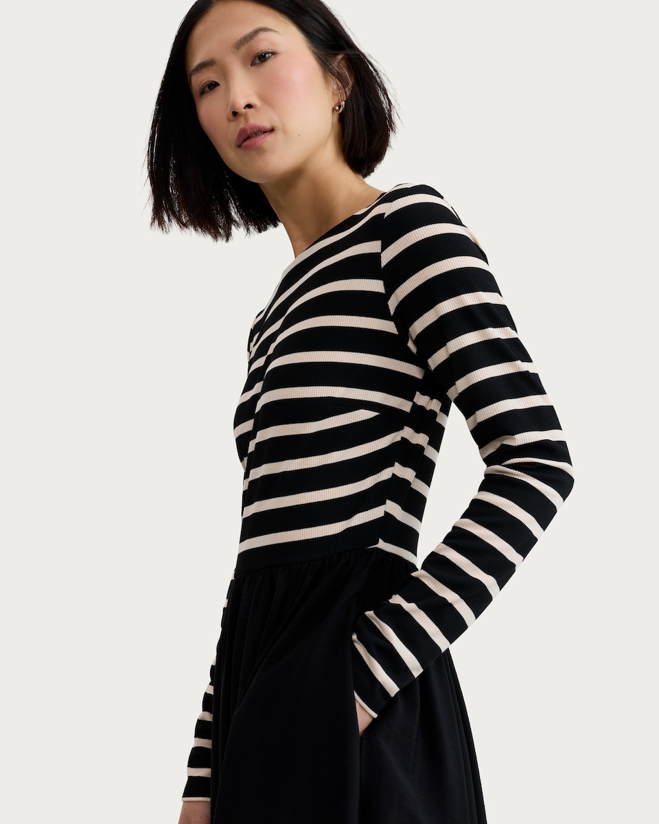 image 1 of F&F Stripe Print Long Sleeved Midi Dress in Multi Black