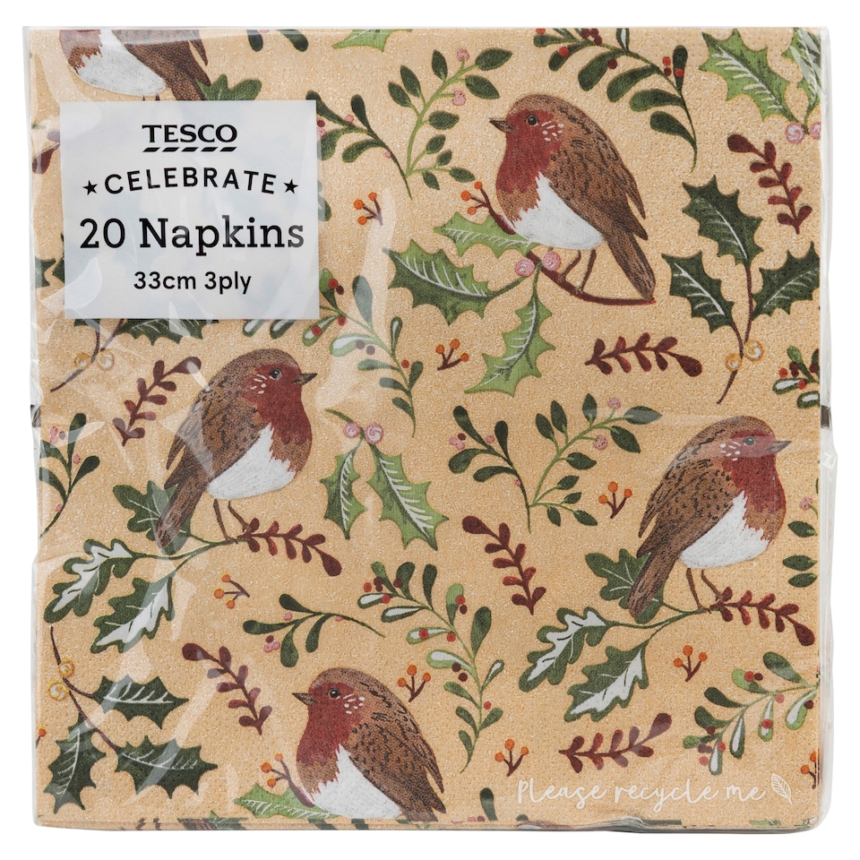 Tesco Celebrate Holly Christmas Napkinss 33cm 3ply 20 Pack