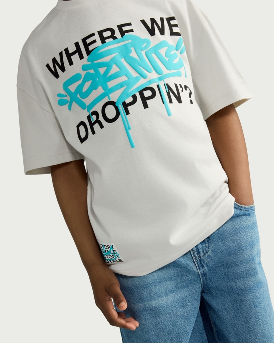 image 1 of Fortnite Pure Cotton Where We Droppin' T-Shirt in Cream