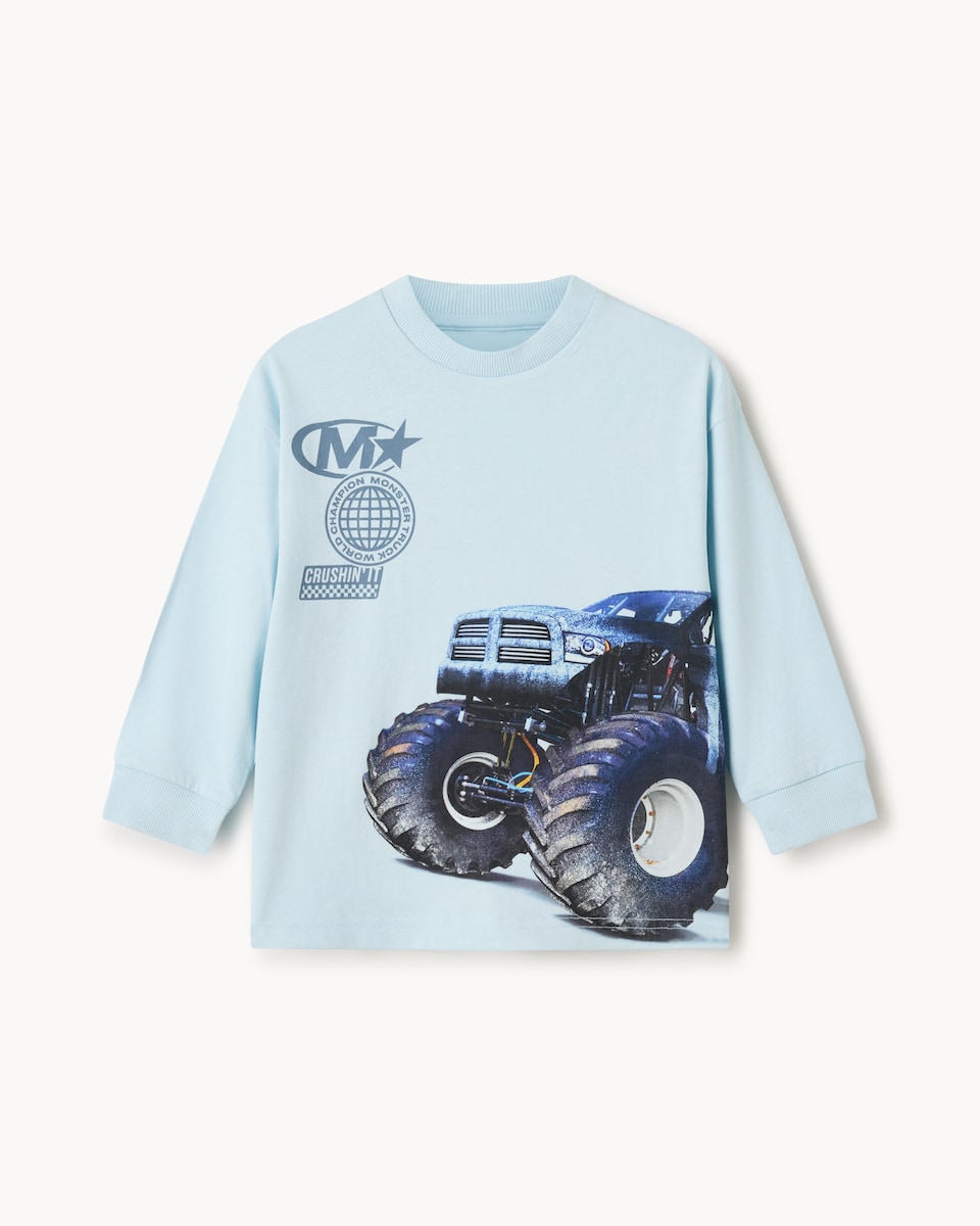 image 1 of F&F Boys Pure Cotton Monster Truck Long Sleeved Top in Blue