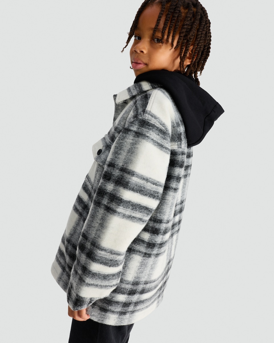 image 1 of F&F Boys Brushed Check Print Hooded Shacket in Grey
