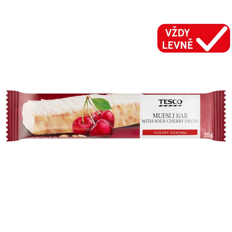 Tesco Müsli tyčinka s ovocnými kousky s višňovou příchutí v jogurtové polevě 35g