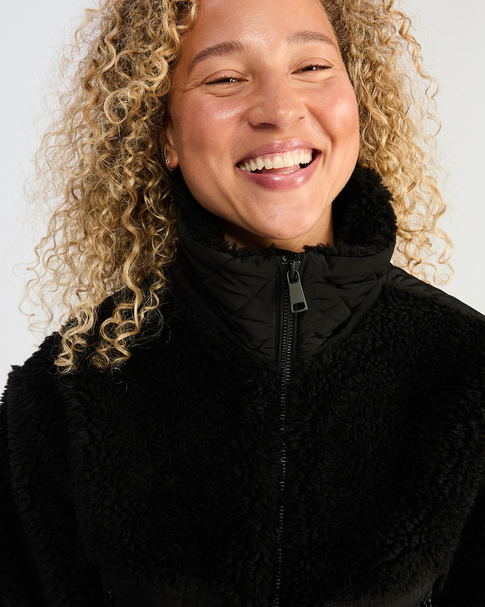 image 1 of F&F Quilted Pocket Teddy Cropped Jacket in Black