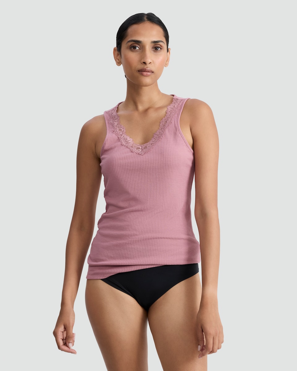 image 1 of F&F Soft Touch Ribbed Lace Trim Thermal Cami Top in Pink