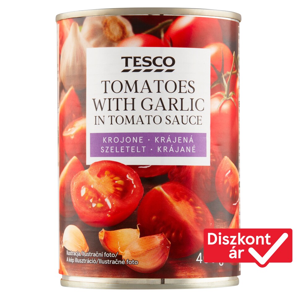 Tesco szeletelt paradicsom paradicsomszószban olívaolajjal és fokhagymával 400 g