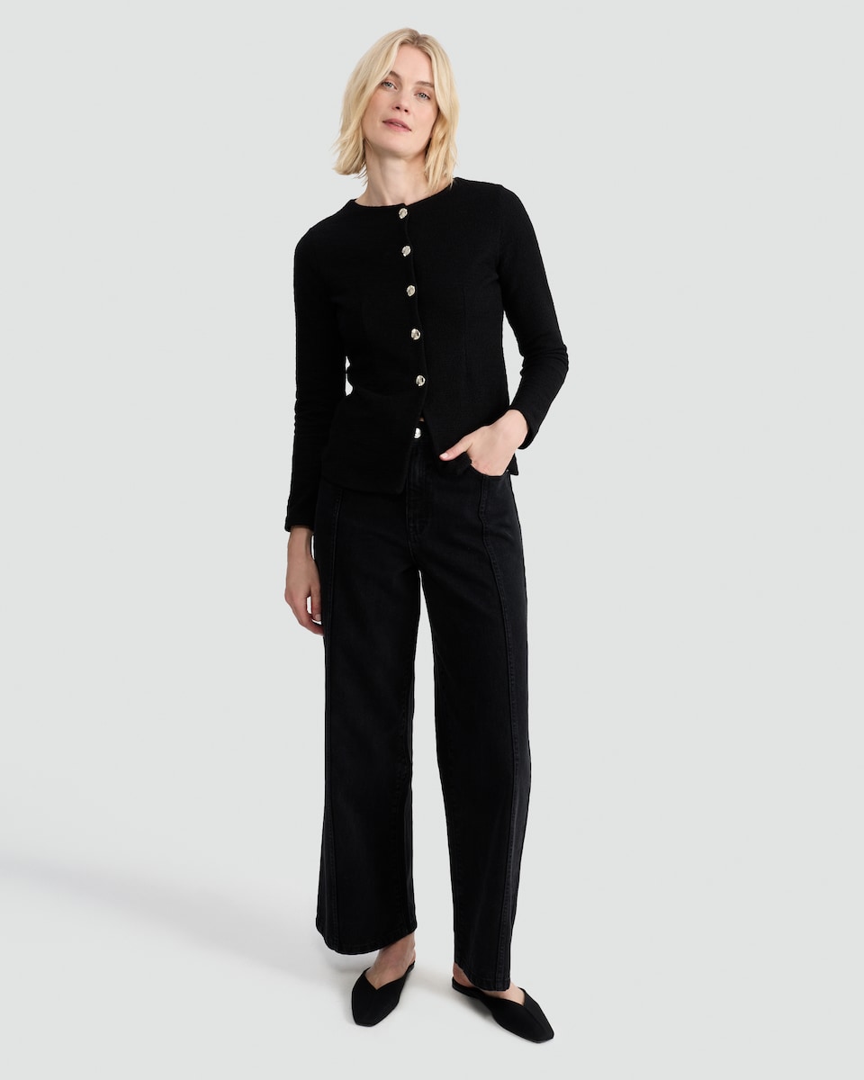 image 1 of F&F Cotton Rich Boucle Textured Cardigan in Black