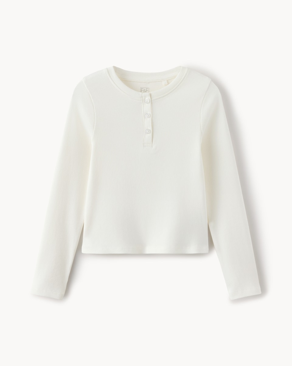 image 1 of F&F Girls Cotton Rich Ribbed Henley Top in White
