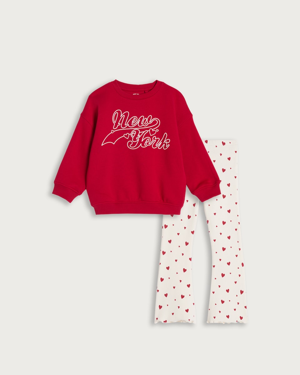 F&F Girls Cotton Rich Slogan Sweatshirt and Flared Leggings Set in Multi Red