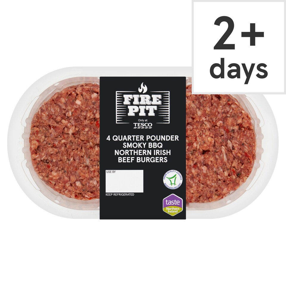 Tesco Fire Pit 4 Quarter Pounder Smoky BBQ Northern Irish Beef Burgers 454g