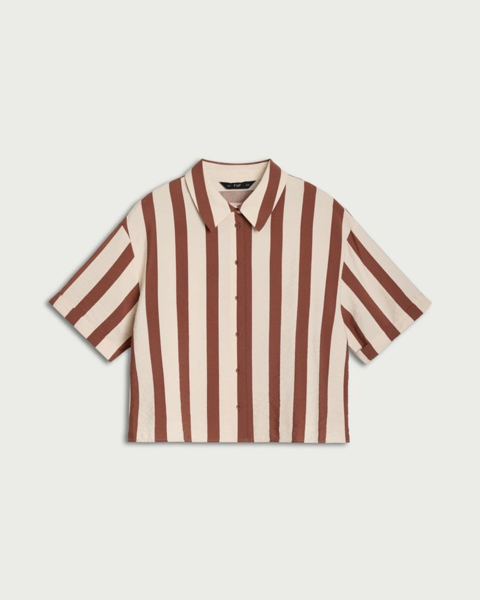 image 1 of F&F Striped Button Up Co-ord Shirt in Multi Brown